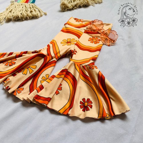 Groovy Retro Baby & Toddler Bell Bottoms | 70s Style | Flowers and Waves | Trendy Throwback | Hippie Vibes