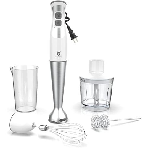 Immersion Hand Blender, UTALENT 5-in-1 8-Speed Immersion Blender with 500ml Food Grinder, 600ml Container,Milk Frother,Egg Whisk,Puree Infant Food, Smoothies, Sauces and Soups - White