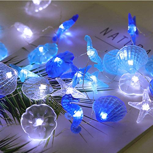 Starryfill Beach Theme 36 LED String Lights Jellyfish Seahorse Starfish 12.96ft Battery Operated Waterproof Cold White with Remote Control and Timer for Patio Wedding Nursery Bedroom Party Birthday