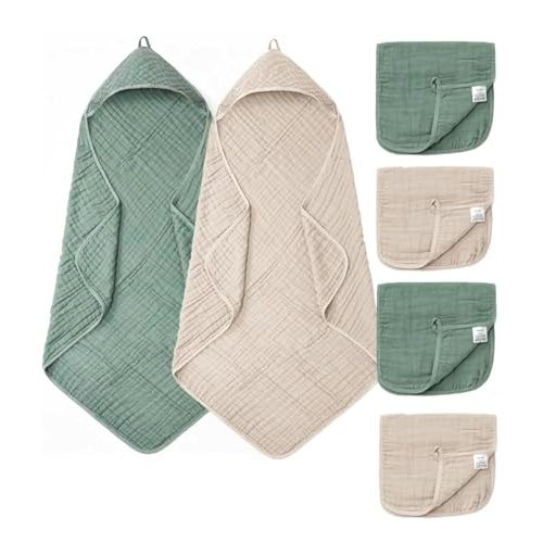 6 PCS Baby Towels and Washcloths Set, 2 PCS XL 35x35 Inch Baby Hooded Towels & 4 PCS Washcloths Set, Ultra Soft & Highly Absorbent Bath Bath Towel for Newborn, Infant & Toddler, Shower Gifts