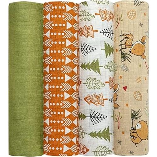 DREAMS & DIMPLES Muslin Swaddle Blankets 4 Pack Premium 100% Cotton Baby Swaddle Blanket Soft & Breathable 47" X 47" Baby Receiving Blankets for Boys and Girls (Into The Jungle)