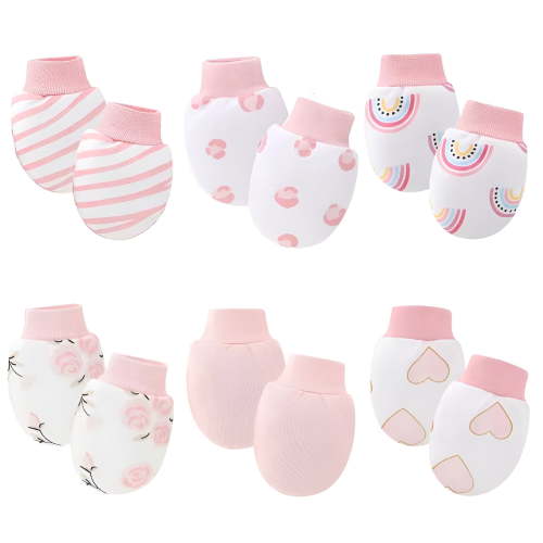 TELOLY 6Pairs Baby Mittens,Simple to Wear,Rainbow Pattern Newborn Mittens,Pink