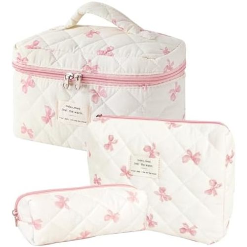 3 Pcs Cotton Quilted Bag Set, Floral Cotton Cosmetic Bag, Aesthetic Travel Organizer Bag for Women (White-Pink Bow)