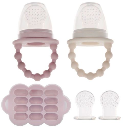 Weesprout Silicone Baby Food Feeders + Freezer Tray For Batch Prep - Set Of 2 (matte Pink, Off White) + Matte Pink Tray