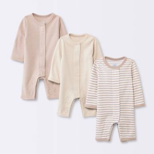 Baby 3pk Cotton Romper - Cloud Island™ Khaki Preemie: Long Sleeve, Front Hook and Loop Fastener, Solid & Stripe Patterns