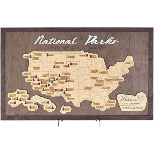 US Wooden National Parks Travel Map With Trees To Record Park Visits (Coffee, Size XL: 27 x 17 inch)