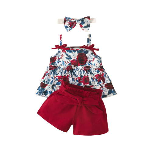 Gibobby Newborn Baby Girl Clothes Summer Knit Ribbed Floral Print Short Sleeve Romper Shorts Headband Outfit Set(Red,6-9 Months)