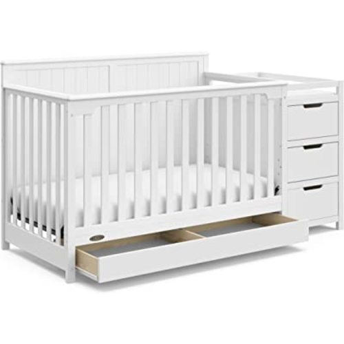 Graco Hadley 5-in-1 Convertible Crib and Changer with Drawer (White) – GREENGUARD Gold Certified, Crib and Changing -Table Combo with Drawer, Includes Baby Changing Pad, Converts to Full-Size Bed