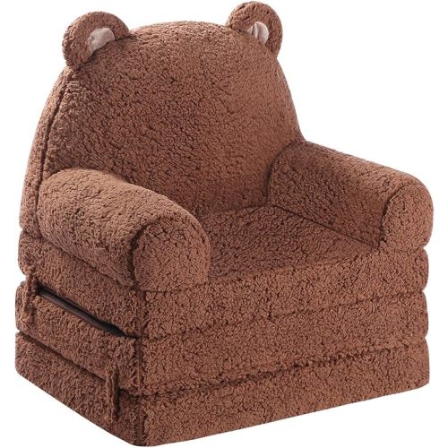 Foldable Kids Sofa, Sherpa Teddy Bear Toddler Couch with Tri Folding Foam Cushions, Comfy Kids Couch for Kids Age 3-6 - Brown Bear - Medium