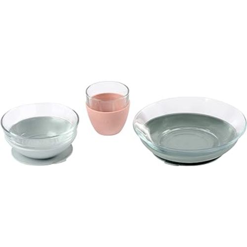 BEABA 3-Piece Suction Glass Set, Glass Bowl and Plate Set - Baby + Toddler Dinnerware Set for Baby Food, Baby Plate, Baby Bowl, Baby Cup, 2.5x Stronger than Reg Glass, Eucalyptus Rose