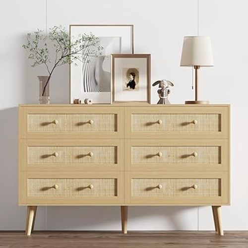 Dresser for Bedroom with 6 Drawer, Natural Rattan Chest of Dressers, Wide Wood Double Dresser, Wooden TV Stand Closet Storage Furniture, Boho Small Clothes Organizer for Hallway, Living Room, Entryway