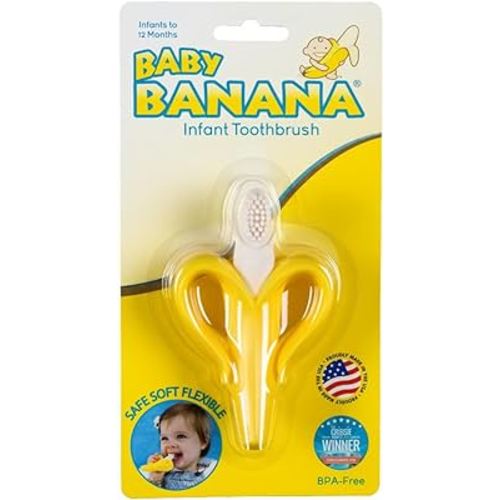 Baby Banana Yellow Banana Infant Toothbrush, Easy to Hold, Made in the USA, Train Infants Babies and Toddlers for Oral Hygiene, Teether Effect for Sore Gums, 4.33" x 0.39" x 7.87", BR003