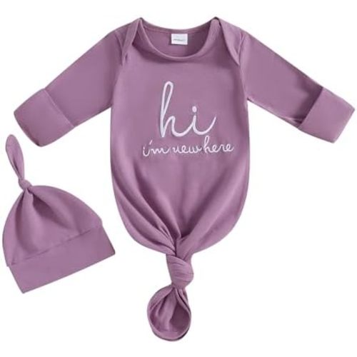 Ursobutegl Newborn Baby Boy Girl Sleep Gown Sleeper Knotted Nightgown Hat Pajamas Hospital Coming Home Fall Winter Outfit