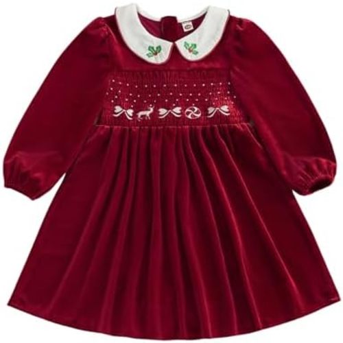 Toddler Baby Girl Velvet Christmas Dress Reindeer Embroidery Peter Pan Collar Long Sleeve Smocked Dress Kids Holiday Clothes