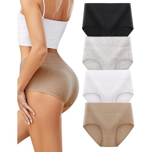 voenxe High Waisted Underwear for Women,Cotton Ladies Panties,Breathable Soft Full Coverage Briefs,Comfy Underpants,4 Pack