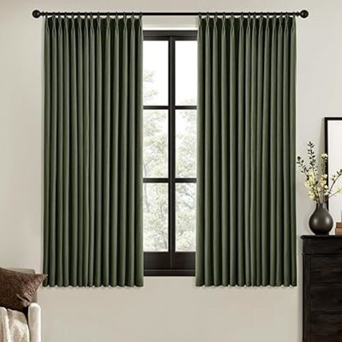 MIULEE Olive Green Pinch Pleated 100% Blackout Linen Curtains for Bedroom, Room Darkening Memory Trained Dark Green Window Curtains 63 inches Long for Living Room, Black Out Pleat Drapes, 2 Panels