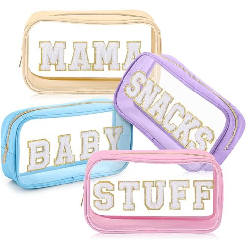 SilTriangle 4 Pcs Mama and Baby Toiletry Bag Clear Chenille Letter Pouch Snacks Makeup Stuff Travel Diaper Bag Preppy Transparent Pouch with Zipper for Women Gift(Macarons Color)