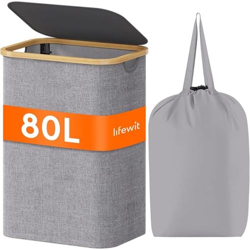 Lifewit 80L Laundry Basket with Lid, Clothes Hampers for Laundry with Bamboo Handles and A Removable Laundry Bag, Large Foldable Hamper for Bedroom, Bathroom, Dorm, Laundry Room, Light Gray