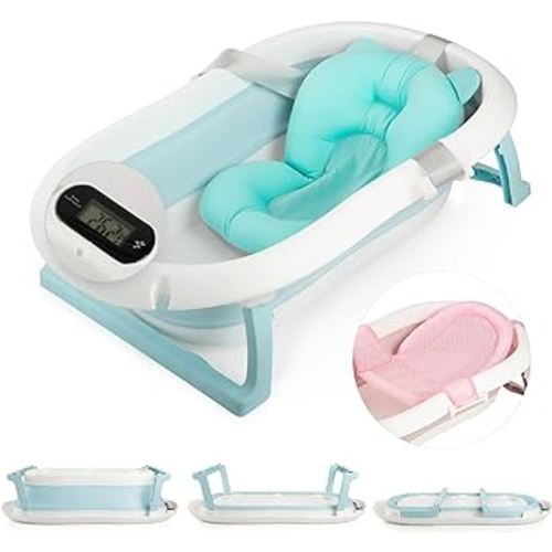 Collapsible Baby Bathtub with Accessories - Ages 1-4 for Babies, Infants and Toddlers Blue - Foldable Baby Bathtub with Suspension Pad & Net, Portable & Adaptable - with Shower-Head Holder