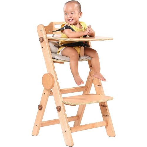 Toddler High Chair Wooden, Baby Highchair with Adjustable Removable Tray and Foot Rest, Folding Wood High Chair for Dining, 6 Months up to 300 Lb (Natural)