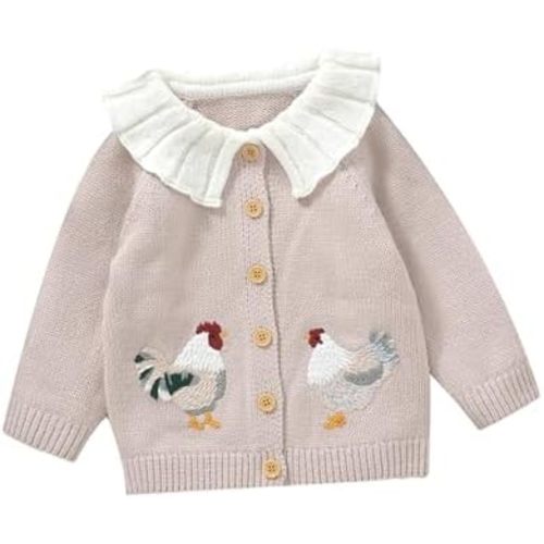 Toddler Baby Girl Sweater Cardigan Chicken Embroidery Doll Collar Button Down Knit Jacket Fall Winter Coat Knitwear