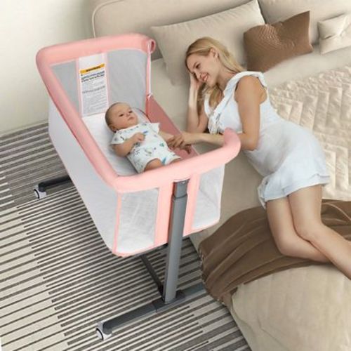 Kinder King Baby Folding Bassinet w/Wheels,Portable Newborn Bedside Sleeper All-Sided Mesh Infant Crib Removable Soft Mattress Pink