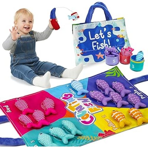 Montessori Toys for 1 Year Old Cloth Fishing Game | 22-Piece Cloth Fishing Set, Velcro Catching, Stacking Cups, Color Sorting, Counting, Storage Mat