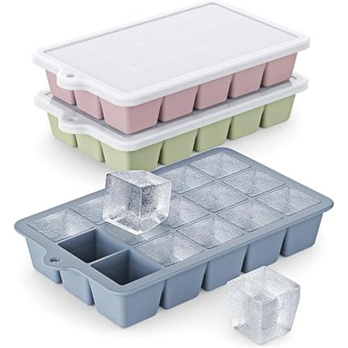 Silicone Ice Cube Tray 3 Pack - EASY RELEASE ice cube tray with lid, BPA Free Ice Cubes Trays for Freezer,ice cube mold for Cocktail,Whiskey (Blue+Pink+Green)