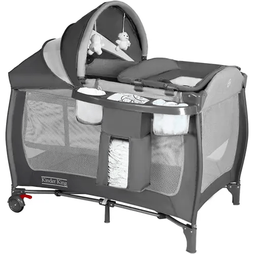 Kinder King 4 in 1 Portable Pack n Play, Baby Nursery Center Playard w/Bassinet, Large Playpen for infant and toddler, Newborn Changing Table, Adjustable Canopy, Storage Basket, Travel Bag, Grey