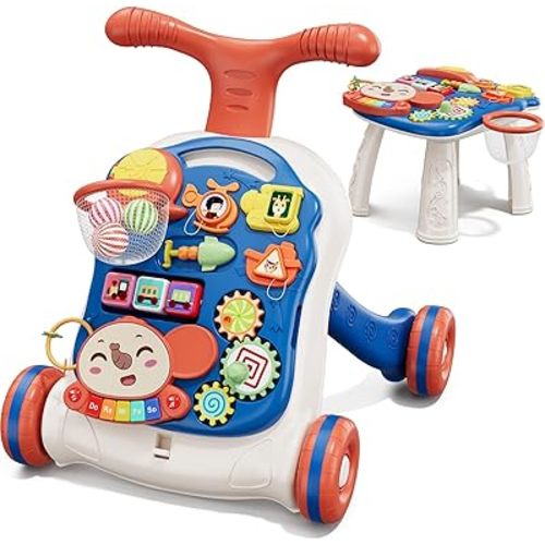 QDRAGON 3 in 1 Baby Walker and Activity Center for Boy, Learning to Walk, Sit to Stand, Early Educational Push Toys with Music Panel for Infant Toddler 12+ Months Blue