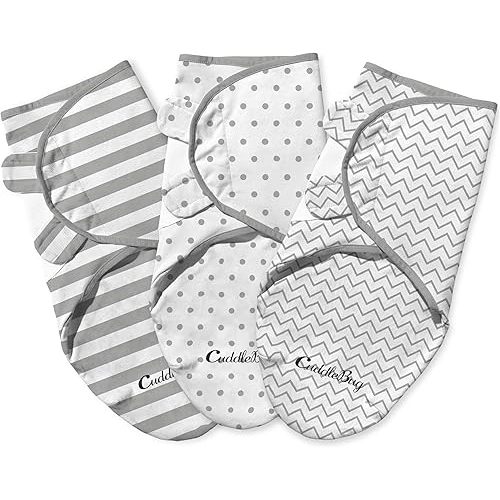 CuddleBug Swaddles for Newborns (3-Pack) - 100% Cotton Velcro Baby Swaddles 0-3 Months, Machine Washable Newborn Sleep Sacks, Snug Baby Swaddle Blanket (Spots & Stripes)