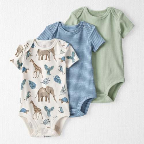 Moss Green, Blue Stripe, Safari Print Baby 3-Pack Organic Cotton Bodysuits | Carter’s Oshkosh Canada