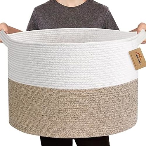 Large Rope Storage Basket, 22" X 22" X 14" Extra Large Woven Baskets for Storage, Cotton Rope Basket for Blankets Toys, Wicker Storage Baskets for Organizing, Wicker Laundry Basket Hamper