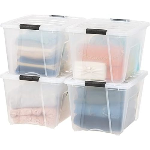 IRIS USA 54 Qt Stackable Plastic Storage Bins with Lids, 4 Pack - BPA-Free, Made in USA - See-Through Organizing Solution, Latches, Durable Nestable Containers, Secure Pull Handle - Clear