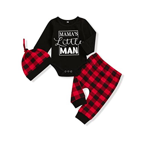 TUEMOS Newborn Infant Baby Boy Clothes Letter Print Romper Pants Set Hat 3PC Outfits Set