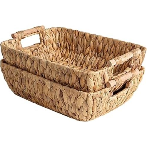 StorageWorks Hand-Woven Large Storage Baskets with Wooden Handles, Water Hyacinth Wicker Baskets for Organizing, 2-Pack