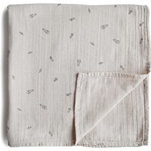 mushie Muslin Baby Swaddle Blanket | 100% Organic Cotton (Rocket Ship)