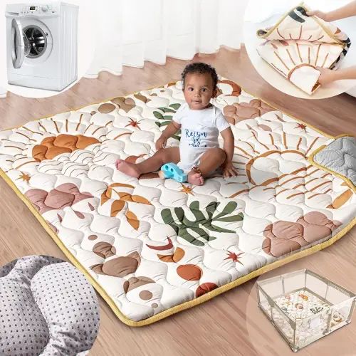 Beavtaens Baby Play Mat, 50x50 Playpen Mat with Super Soft Touch, Activity Mat with Upgraded Anti-Slip Bottom, Machine Washable Crawling Mat for Floor & Picnic(Boho Nature)