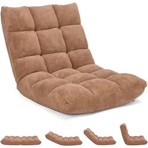 14-Position Floor Sofa, Folding Gaming Sofa Chair, Comfy Cushions & Study Steel Frame, Angle Adjustable Sleeper Bed, Couch Recliner (Tan)