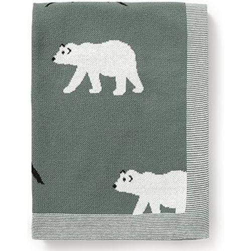 Hadetoto 100% Cotton Baby Blanket Knit Soft Cozy Swaddle Receiving Blankets Toddler Infant Blanket with Lovely Sheeps for Newborn Boy Girls - Khaki, 90 x 70cm