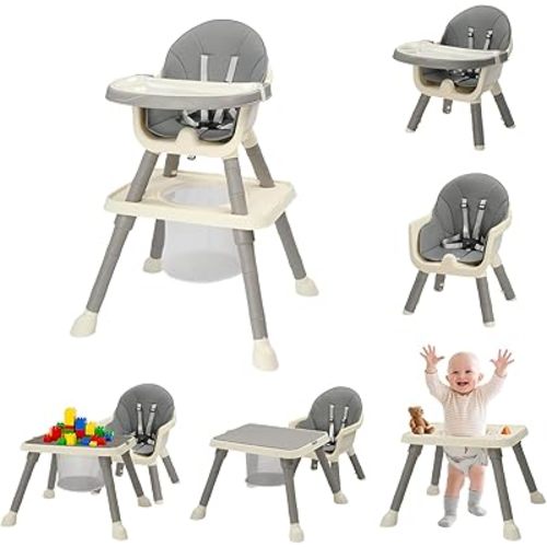 JOYMOR 7 in 1 High Chair for Babies and Toddlers, Convertible Kids Learning Table and Chair with Large Baske for Storage (Gray)