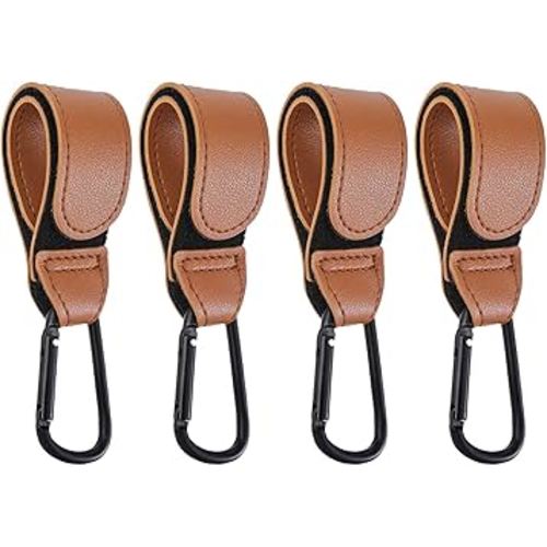 4 Pcs Leather Stroller Hook, Mommy Stroller Clip, Stroller Accessories Organizer Hook, Metal Hook for Strollers/Walkers/Mobility Scooter/Wheelchair/Rollator(Brown)
