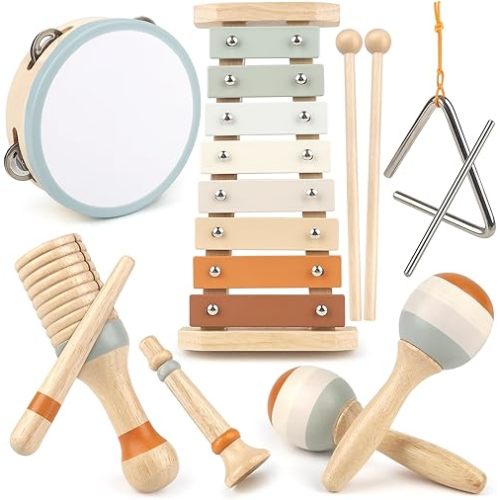 Baby Musical Instruments - Montessori Toys for Toddlers, Musical Instruments for Baby Development, Wooden Instrument Toys with Xylophone Drum for Kids Preschool Educational, Birthday