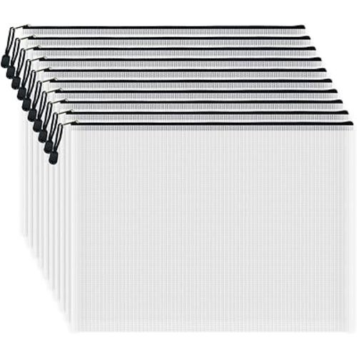 AUSTARK 10 Pcs Zipper File Bags, Waterproof Plastic Mesh Pouch for Office School, Board Game Storage Bags (A3 Size 16.9''x12'', White and Black)
