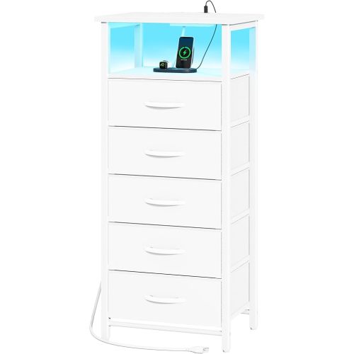 Yoobure 5 Drawers Dresser for Bedroom, Tall Nightstand with Charging Station, Fabric Dresser for Closet with Storage Shelf, Vertical Dressers Chest LED Night Stand, Bedside Table for Dorm Living Room