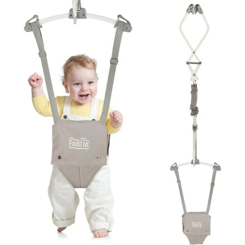 FUNLIO Baby Door Jumper for 6-24 Months (with Door Clamp), Baby Jumper Doorway with Strong Spring & Adjustable Strap, Portable Infant Door Bouncer, Bearing 40 Lbs, CPC & CE Certified-Gray