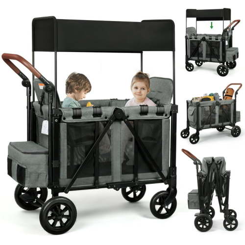 Vomeast Wagon Stroller for 2 Kids, 3-in-1 Wagon Stroller with Canopy, Adjustable Handlebars, Removable Seat for Toddlers