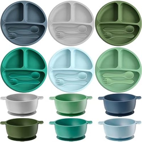 Dandat 24 Pcs Silicone Baby Feeding Set, 6 Baby Toddler Suction Bowls 6 Divided Suction Plates with 6 Forks 6 Spoons, Baby Utensils Set for Weaning Infant Feeding and Eating, 6 Styles (Vivid Color)