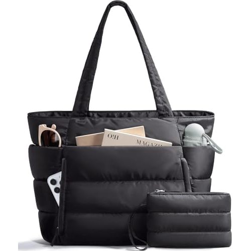 Bagstellar Puffer Tote Bag for Women, Lightweight Puffy Work Handbag Teacher Nurse Quilted Shoulder Bag for School Travel Gym