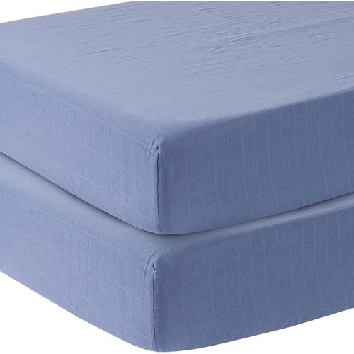 MOZAH Organic Muslin Crib Sheets, Soft and Breathable Bedding for Baby Girls or Boys, Snug Fitted Sheet for Standard Cribs & Toddler Mattresses, 2 Pack, Blue